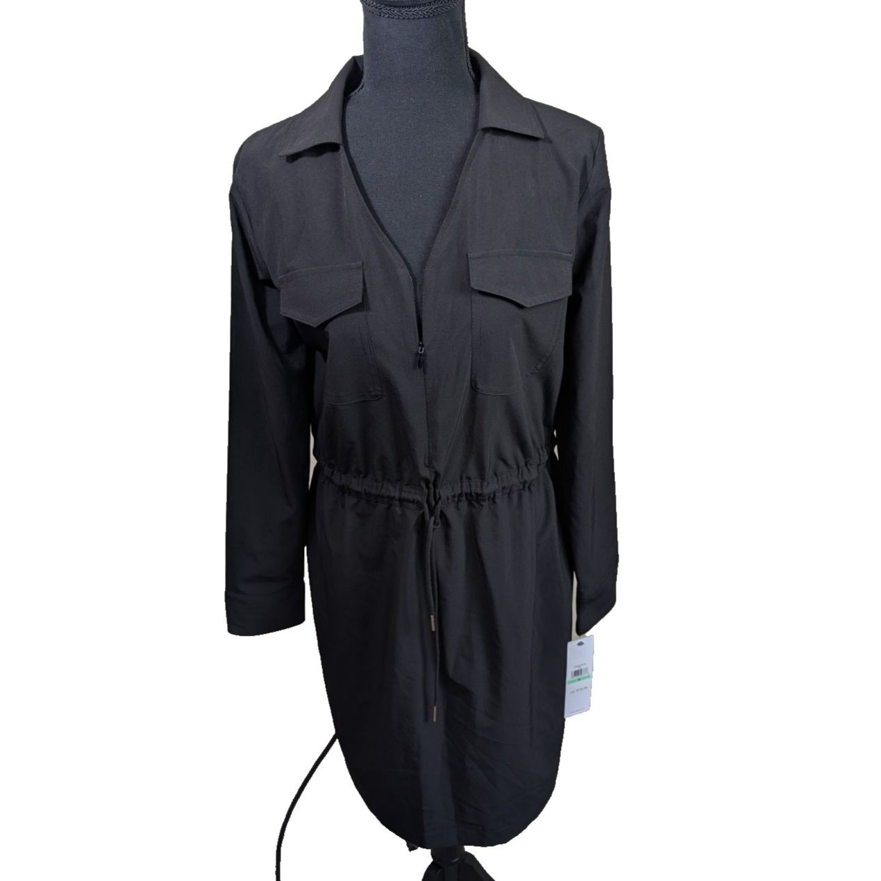 Calvin Klein Shirt Dress Black Drawstring Waist Zipper Collared Casual Size 8